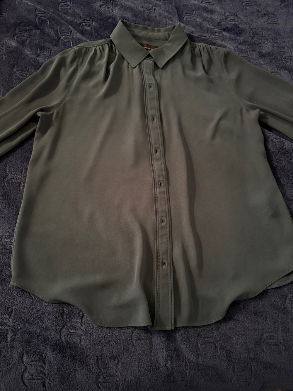 White House Black Market Navy Blouse with Gathered Yoke